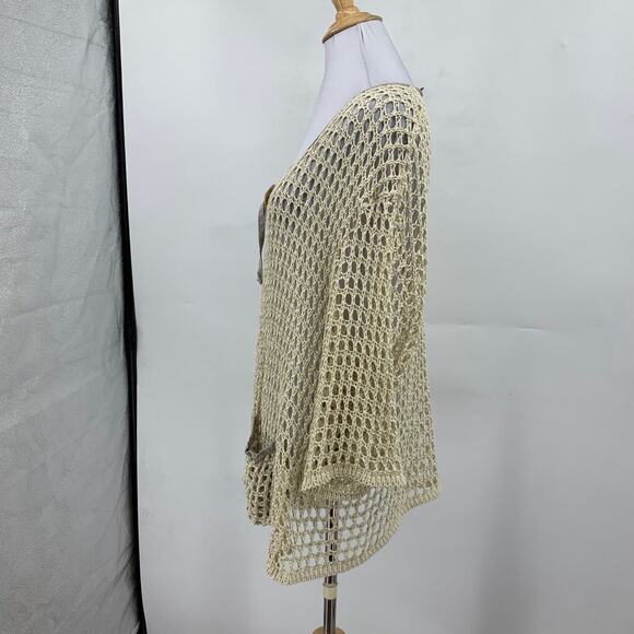 Zele Cardigan Womens M Medium Cream Flax Linen Open Knit Shell Button Pockets - Picture 4 of 11